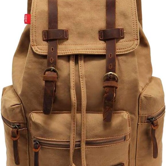 Vintage Canvas Backpack with Leather Accents, Casual Daypack Travel Rucksack for